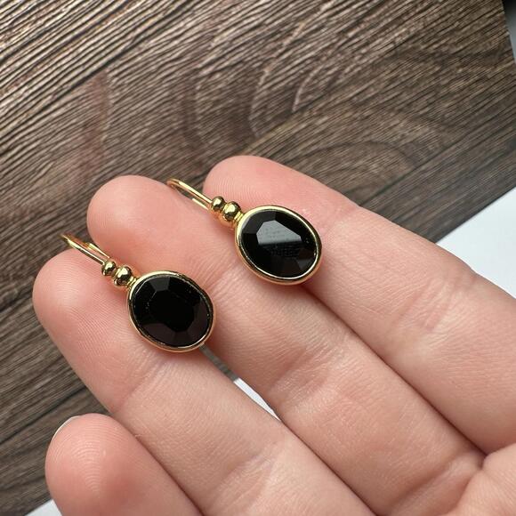 Napier Oval Black Rhinestone Gold Tone Leverback Pierced Earrings - Picture 3 of 9